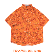 TRAVEL ISLAND 收获的季节 潮牌趣味橙色南瓜印花小众短袖衬衫ins