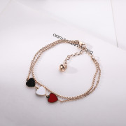 韩版流行双层钛钢镀玫瑰，金脚链(金脚链)个性创意，黑白红三爱心手链配饰品