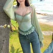 韩版夏季蕾丝拼接性感吊带背心+蝙蝠袖短款开衫外搭两件套女