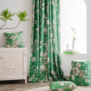 绿色美式棉麻印花客厅窗帘复古风轻奢田园卧室定制不透人全遮光布