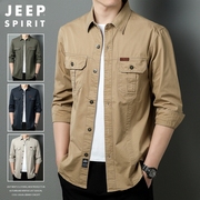 jeep工装长袖衬衫，男春秋季中年，大码衬衣外套男式纯棉休闲夹克