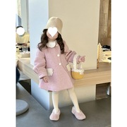 韩国童装2023女童风衣冬装洋气粉色呢大衣儿童中长款毛呢外套