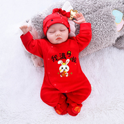 新生男婴儿女宝宝红色套装满月加棉薄棉衣棉服夹棉连体衣服秋冬装