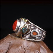 传统特色尼泊尔纯手工纯银复古潮酷镶嵌个性夸张食指戒指男女