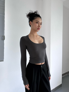大弹力u型领美颈修身显瘦打底衫女软糯舒适春秋，款针织长袖上衣