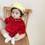 女童红色连衣裙春秋装洋气宝宝，金丝绒绣花翻领，公主裙婴儿长袖哈衣