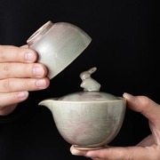 粗陶快客杯陶瓷一壶一杯便携式旅行茶具，复古功夫茶具手抓壶中秋礼