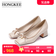 Hongkee/红科单鞋高跟鞋法式方头拼色牛皮粗跟浅口鞋HA84S111