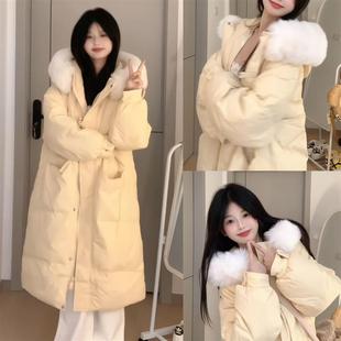 韩系中长款毛领连帽羽绒服大衣外套女冬季宽松加厚保暖棉衣棉袄潮
