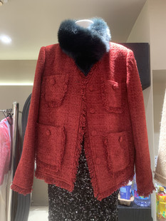 羽绒小香风外套欧洲站冬款长袖单排扣包扣圣诞红，显瘦气质流苏上衣