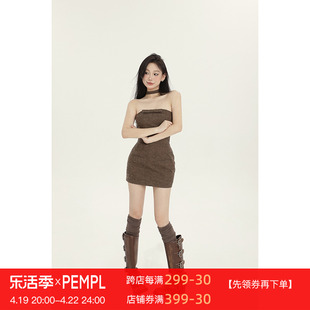 pempl抹胸连衣裙女夏季复古皮质立体蝴蝶结，收腰修身包臀短裙