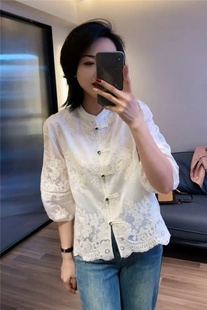 新中式国风衬衫女短袖，2024春夏高级感气质，刺绣法式小衫上衣