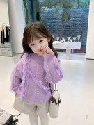 韩版女童紫色毛衣秋冬2022儿童时尚长袖针织衫，小女孩毛线上衣
