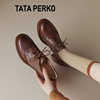 TATA PERKO联名棕色真皮乐福鞋高跟鞋复古布洛克小皮鞋女系带单鞋