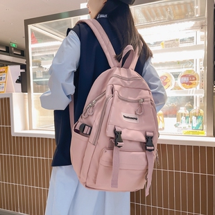 双肩包女学生尼龙布纯色(布，纯色)糖果色校园，青年方形高颜值黑色拉链暗袋包