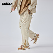 guuka山系户外浅卡其工装裤，男拉链口袋，杨迪同款机能风裤脚直筒裤