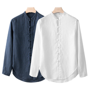 日本良品夏季男亚麻衬衫长袖，中国风盘扣立领衬衣白色中式开衫上衣