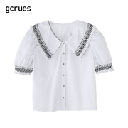 gcrues娃娃领上衣女夏短袖(夏短袖)白色小衫少女，衬衫甜美学院风