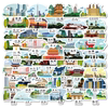 50张中国城市地标简约风格，贴纸行李箱笔记本手机壳玻璃杯防水贴画