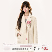 chummy高级感50羊毛加厚中长款毛绒外套，韩版米白色西装领大衣冬