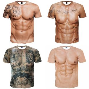 创意搞笑纹身肌肉衣服潮男t恤3d立体图案个性假腹肌，胸肌肉短袖t恤