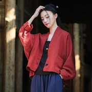 新中式上衣秋季文艺复古做旧衬衫棉麻，盘扣开衫禅意女装短外套