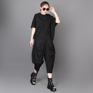 福气夏韩版潮流款个性女士套装，连帽蝙蝠袖短袖t恤七分灯笼裤