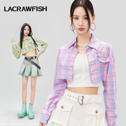 LA CRAWFISH2024韩系校园辣妹假口袋短款露腰长袖格子衬衫女