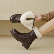 羊皮毛一体雪地靴女真皮厚底大棉鞋，坡跟松糕底厚毛短靴保暖马丁靴