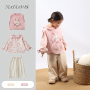 女童秋冬套装宝宝，可爱兔子娃娃衫小女孩粉色针织，背心马甲阔腿裤