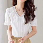 短袖花边v领白色蕾丝，衫女衬衫夏季时尚洋气法式别致漂亮小衫