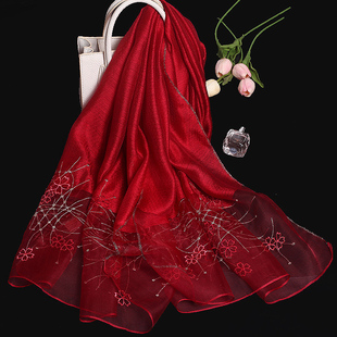 杭州品牌真丝羊毛混纺精致绣花女，长款丝巾经典素雅围巾酒红色