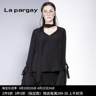 Lapargay纳帕佳女装秋季黑白色V领喇叭袖雪纺小衬衫上衣