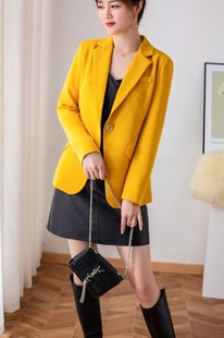 2023春ol通勤一粒扣韩版黄色个性，设计款修身女西装长袖小外套