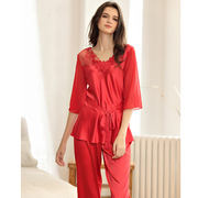 碧美妮女夏季丝绸大红色婚庆睡衣裤，两件套中国风，蕾丝刺绣收腰显瘦