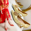 黄色秀禾鞋婚鞋女金黄中式龙凤扣绣花高跟鞋新娘，结婚鞋子旗袍单鞋