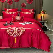高档全棉刺绣结婚床上用品四件套婚庆大红色纯棉床单被套六七件套