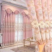 粉色雪尼尔欧式加厚窗帘高端婚房绣花浮雕立体遮光窗帘成品
