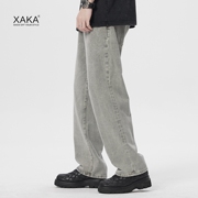 xaka春季cleanfit裤子美式复古水洗，烟灰色直筒牛仔裤男潮牌vibe风
