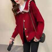 米多多 红色长袖开衫秋毛衣宽松针织开衫女复古减龄娃娃领上衣