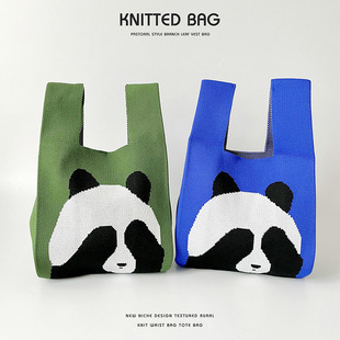 熊猫针织包包卡通可爱伴手礼手提包通勤包手袋女日系手腕包小拎包
