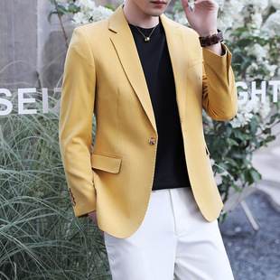 黄色西装男免烫休闲西装，外套韩版潮上衣正装，单西绿色大码高档西服