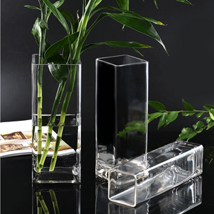 花瓶玻璃透明方形花器百合，富贵竹干花插花四方，花瓶摆件客厅落地