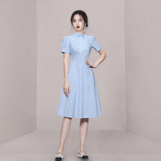 蓝色条纹韩版Polo领衬衫裙高端长款通勤显瘦a字连衣裙2022夏