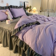 韩式纯紫色公主风荷叶花边，被套床单床裙四件套学生宿舍床上三件套