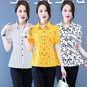 衬衫女短袖夏季洋气韩版时尚百搭气质，翻领印花衬衣大码雪纺衫