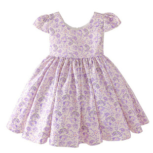 儿童夏季女童宝宝紫色飞花袖短袖大蝴蝶结儿童连衣裙