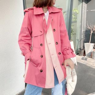 韩版粉红色减龄中长款双排扣长袖风衣，外套女冬季欧洲站潮