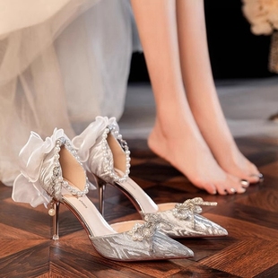 银色高跟鞋女2024年蝴蝶结水钻一字带婚纱两穿水晶婚鞋新娘鞋
