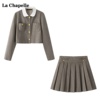 拉夏贝尔lachapelle秋季洋气，减龄格纹外套，百褶裙套装女两件套